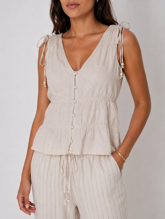 Cynthia Rowley Tops - Cynthia Rowley Beige Linen Tassel Tie Shoulder Peplum Top Coastal Boho L